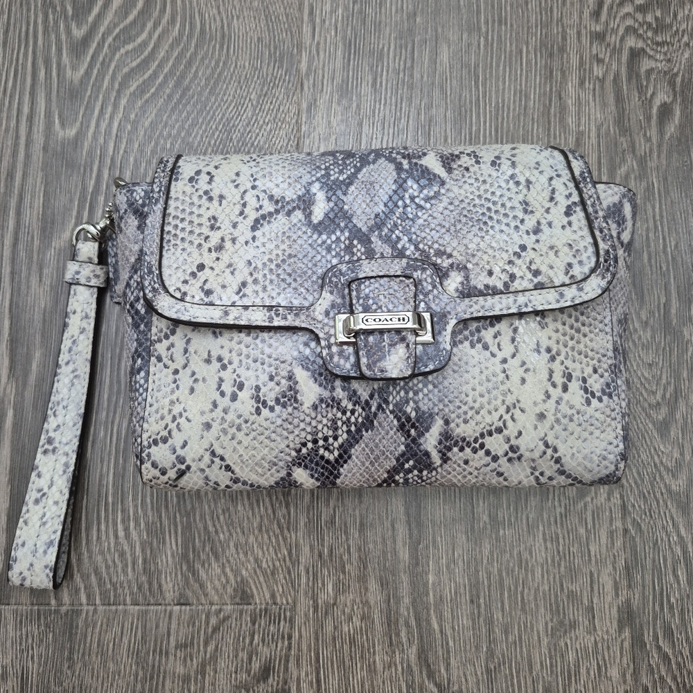 Coach Taylor Exotic Flap Wristlet Clutch Leather Python Gray Cream Larger Size